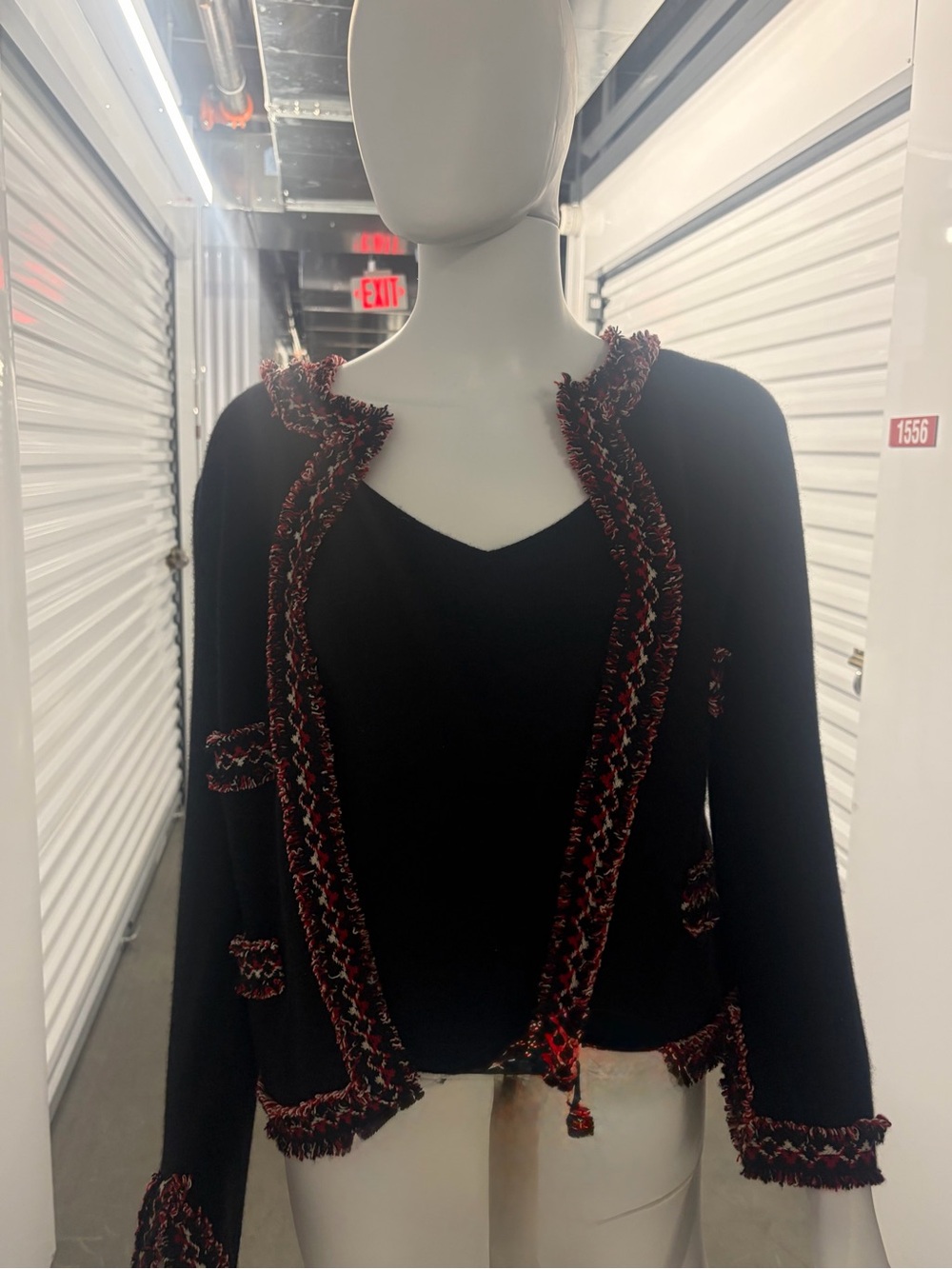 CHANEL CASHMERE TWEED TRIM CARDIGAN CAMISOLE TWIN SET FR 42 BLACK